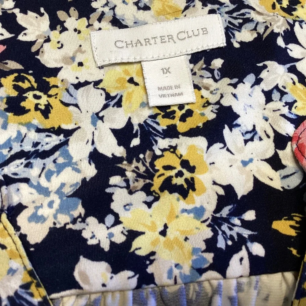 Charter Club Womens 1X Navy Floral Print Pleated V Neck Long Sleeve Tunic Top‎